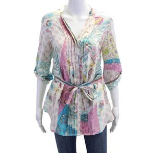 Lolita Jaca Womens Silk Printed Belt V-neck Blouse Top Pink Combo Size Small